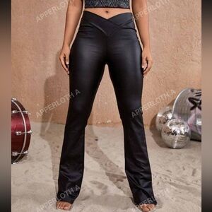 SHEIN Apperloth A V Wide Waistband PU Leather Stretch Flare Leg Pants